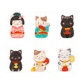 Maneki Neko Japanese cats set. Symbol of luck cartoon vector illustration Royalty Free Stock Photo