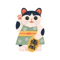 Maneki-neko, Japanese lucky cat with beckoning paw and coin. Asian toy with koban for luck in business, money and Royalty Free Stock Photo