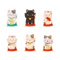 Maneki Neko Japanese lucky cats set cartoon vector illustration Royalty Free Stock Photo