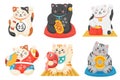 Maneki neko, Japanese lucky cats set, kitty characters in collars holding Asian symbols