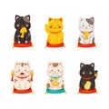 Maneki Neko Japanese lucky talisman cats set cartoon vector illustration Royalty Free Stock Photo