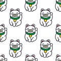 Maneki neko with madical mask seamless doodle pattern, vector illustration