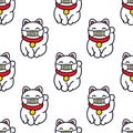 Maneki neko with madical mask seamless doodle pattern, vector illustration