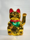 Maneki Neko,  an oriental Japanese lucky cat, a golden figurine with its left hand raised. Royalty Free Stock Photo