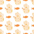 Maneki Neko pattern. Happy lucky cat seamless pattern. Symbol of lucky background. Repeated texture. Fish and maneki