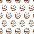 Maneki neko seamless doodle pattern, vector color illustration Royalty Free Stock Photo