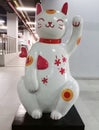 MANEKI NEKO. A small stuffed cat statue is believed to bring good luck to its owner, in Chinese and Japanese culture.