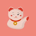 Maneki-neko or welcoming cat or lucky cat with a coin collar on its neck. Beckoning cat made in a flat cartoon style. Maneki Neko.