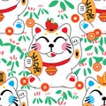 Maneki plant coin seamless pattern