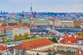 The cityscape with Manes Bridge, Vltava River, Tynsky Church and Zizkov TV Tower, Prague, Czech Republic Royalty Free Stock Photo