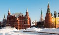 Manezhnaya Square with Historical Museum and Kremlin Tower in winter, Moscow Royalty Free Stock Photo