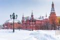 Manezhnaya Square during snowfall in winter, Moscow