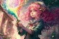 manga girl with pink hair and a magical wand, casting a spell that creates a storm of rainbow - colored flowers, manga style Royalty Free Stock Photo