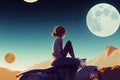 a manga girl sitting on a motorcycle, watching a moon, ai generated image