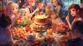 manga girls gathered around a massive dessert buffet satisfaction, AI-Generated
