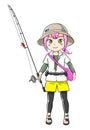 Manga kawaii chibi young woman angler illustration, spring summer fashion