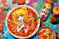 Manga Magic in Marinara: Unleash the power of manga as marinara sauce simmers with vibrant colors, and pizza battles take on epic Royalty Free Stock Photo