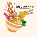 Manga Style Cute Ramen Noodle with Japanese Script mean delicious ramen