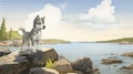 Huskie Dog On Rock: Graphic Novel Art With Panoramic Fictional Landscapes