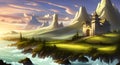 Fantasy landscape with castle near a cliff