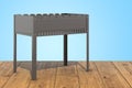 Mangal with skewers on the wooden planks, 3D rendering