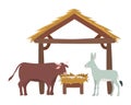 Manger ox and mule with cradle in wooden stable Royalty Free Stock Photo