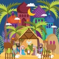 Manger sacred family wise men camels hut star palms nativity