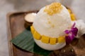 Mango Bingsu, shaved ice dessert with cubed sweet mango toppings