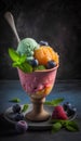 Mango, blueberry and raspberry ice cream in glass bowl with fresh berries and mint on dark background Royalty Free Stock Photo