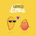 Mango cartoon characters, Cute tropical fruit couple, Vintage poster with Vector illustration