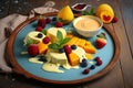 Mango coulis and fresh fruit pieces atop a light blue wooden platter of panna cotta Royalty Free Stock Photo