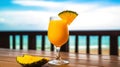 Mango Daiquiri cocktail on background with blue sea and sky tropical background. Generative AI