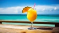 Mango Daiquiri cocktail on background with blue sea and sky tropical background. Generative AI