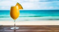 Mango Daiquiri cocktail on background with blue sea and sky tropical background. Generative AI