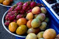 Mango and dragon fruits on display at farmer`s market. Royalty Free Stock Photo