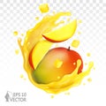 Mango fresh fruit, cube and slices with splash, realistic mango juice, transparent drops, 3d realistic vector illustration