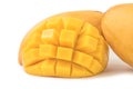 Mango fresh fruit with cubes and slices. Isolated on a white background and clipping path Royalty Free Stock Photo