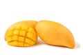 Mango fresh fruit with cubes and slices. Isolated on a white background and clipping path Royalty Free Stock Photo