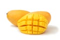 Mango fresh fruit with cubes and slices. Isolated on a white background and clipping path Royalty Free Stock Photo