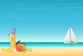 Mango Fruit Cocktail on the sand Beach Background with yacht. Summer poster vector illustration.