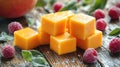 Mango fruit cubes and raspberries Royalty Free Stock Photo