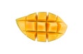 Mango fruit cut isolated on white. Mango juice. Sliced mango cub