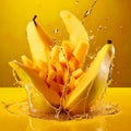 mango fruit in a delightful water splash, with slices arranged to perfection.