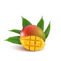 Mango fruit for fresh juice, jam, yogurt, pulp. 3d realistic yellow, green, red, orange ripe mango cubes and leaves isolated on w