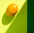 Mango fruit on hard light with shadows, yellow background with green border