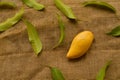 Mango fruit on linen cloth with green leaf