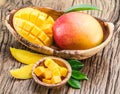 Mango fruit and mango cubes on the wood