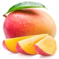Mango fruit and mango slices. Isolated on a white.