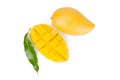 Mango fruit slice cut and green leaf isolated Royalty Free Stock Photo