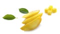 Mango fruit slices and mango leaves over white. File contains clipping paths Royalty Free Stock Photo